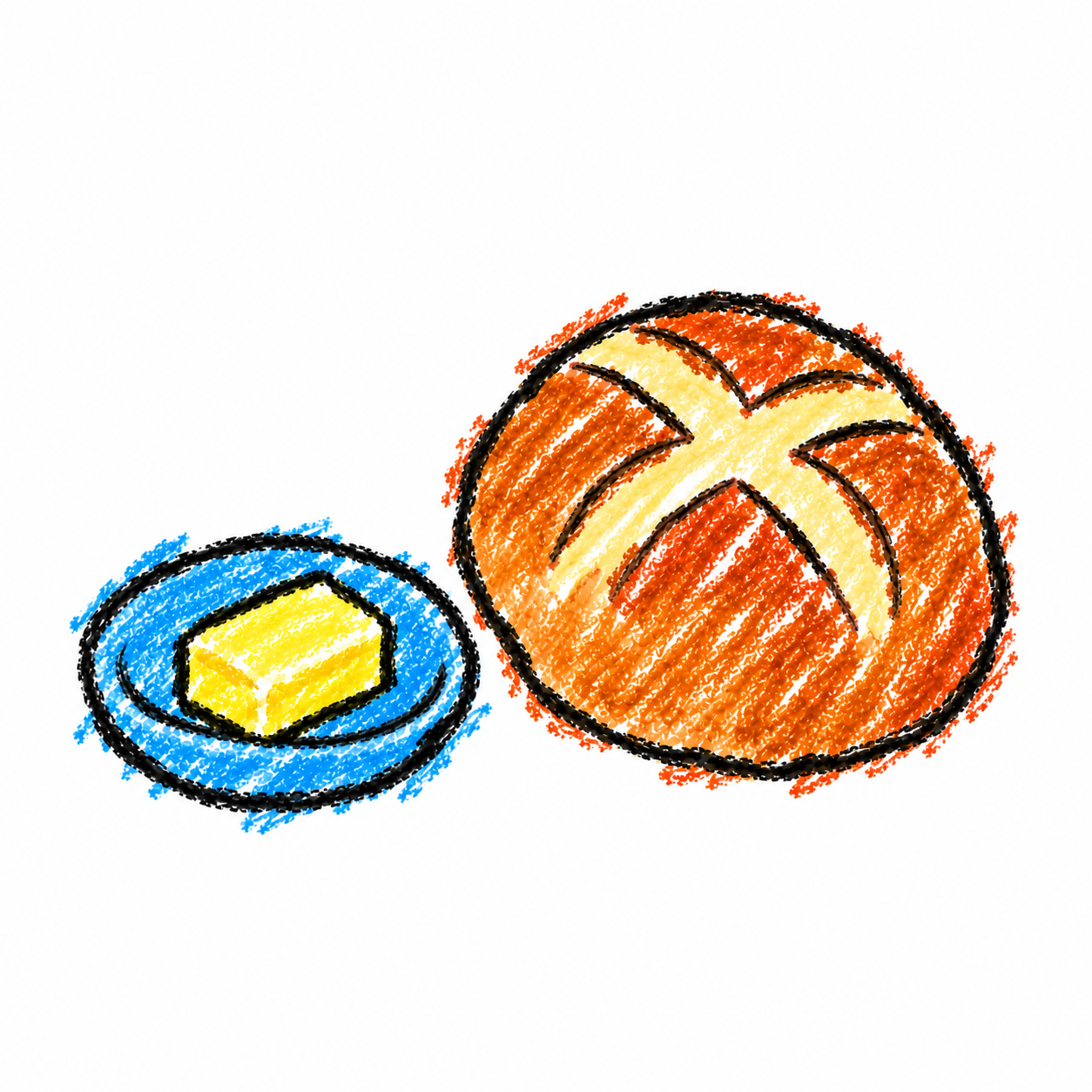 Butter dish and bread roll